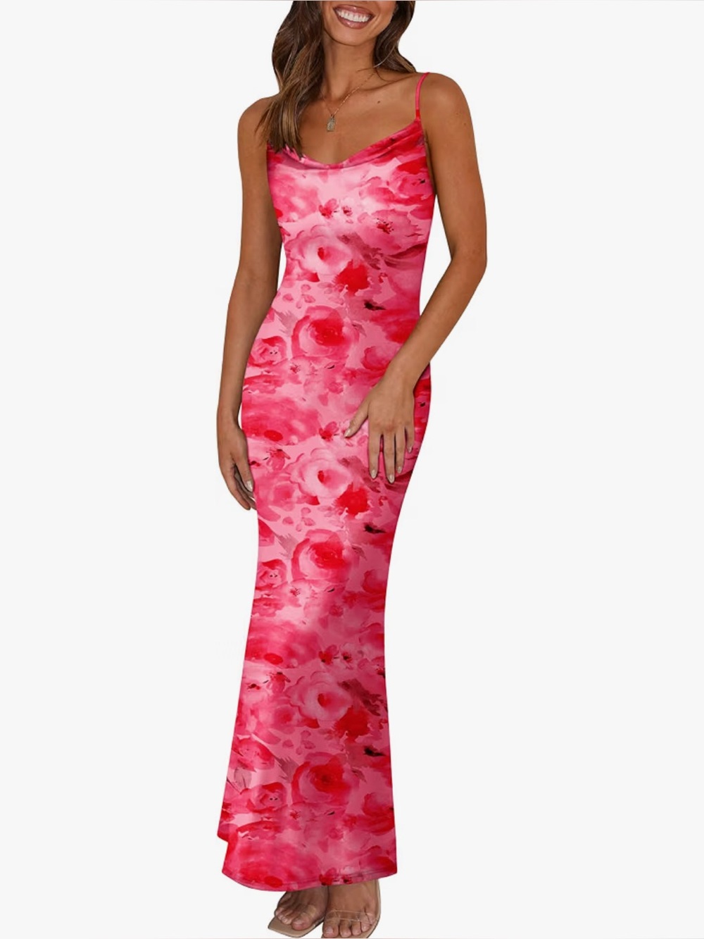 Pink Floral Cowl Neck Maxi Dress